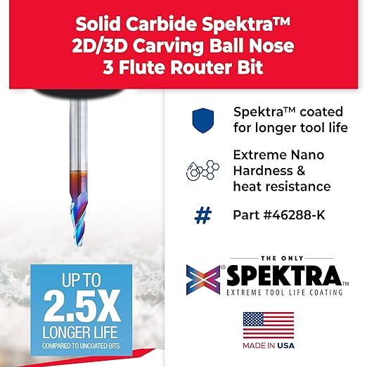 Amana Tool 46288-K CNC Spektra Extreme Tool Life Coated SC 2D and 3D Carving 7 Deg Tapered Angle Ball Nose x 1/8 D x 1/16 R x 1/2 CH x 1/4 SHK x 3 Inch Long x 3 Flute Router Bit
