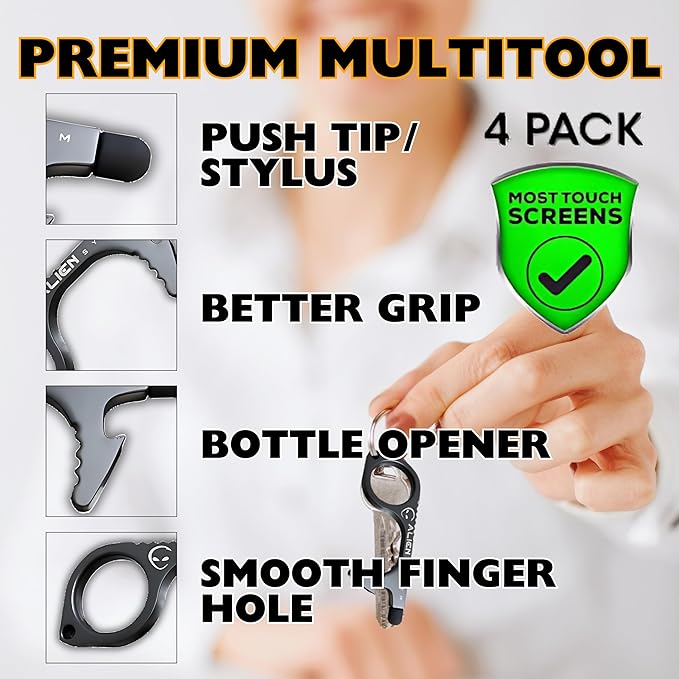 No Touch door opener tool - Premium Touchless key tool - No touch key - by Alien System (Silver Pearl + Gun Grey + Gold + Rose Gold, 4 pack Large)
