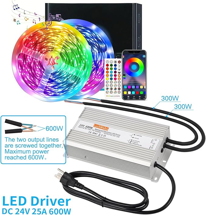 LED Driver 24V600W Waterproof Power Supply AC 90-130V to DC 24V25A Low-Voltage IP67 Switching Power Supply Landscaping Decorative Lighting LED Waterproof Transformer