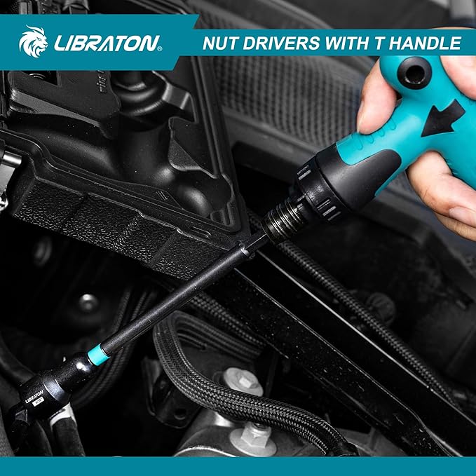 LIBRATON 27PCS Magnetic Nut Driver Set with Ratcheting T Handle, Nut Driver Set for Impact Drill, Metric & SAE Long Socket Set, Drill Bits, Socket Adapters, Wing Nut Driver, Quick-release Bit Holder