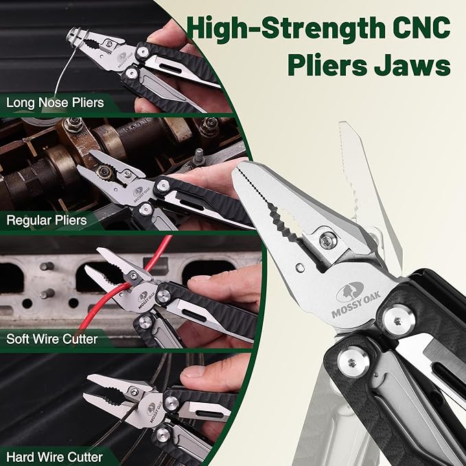 MOSSY OAK Multitool, 17-in-1 EDC Multi Tool with CNC-Machined Steel Pliers, G10 Anti-Slip Handle, Nylon Sheath & Belt Clip ??Durable MultiTool for Camping, Hiking, Hunting, Survival, and Everyday Use