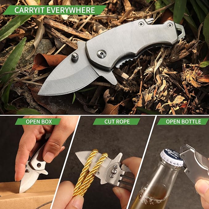 Small Pocket Knife for men, 1.58 Inch Blade, Silver Stainless Steel, Compact Keychain knife with Safety Lock and Clip for Camping, Hiking, Daily Task, Mini Folding Box Cutter EDC Gadgets Tools