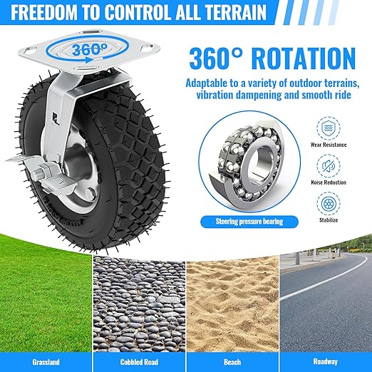8 inch Casters Wheels, Heavy Duty Casters Set of 4 Load 880lbs with Brake, Locking Swivel Plate Caster, Industrial Castor Wheels for Workbench, Cart, Trolley, Wagon and Shelves