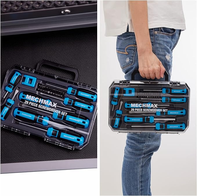 29 Piece MECHMAX Magnetic Screwdriver Set with Assorted Bits Includes Phillips, Slotted, Star, Hex & Square Bits, Features Magnetizer/Demagnetizer & Storage Case, Hand Tool Kit for Home Repair