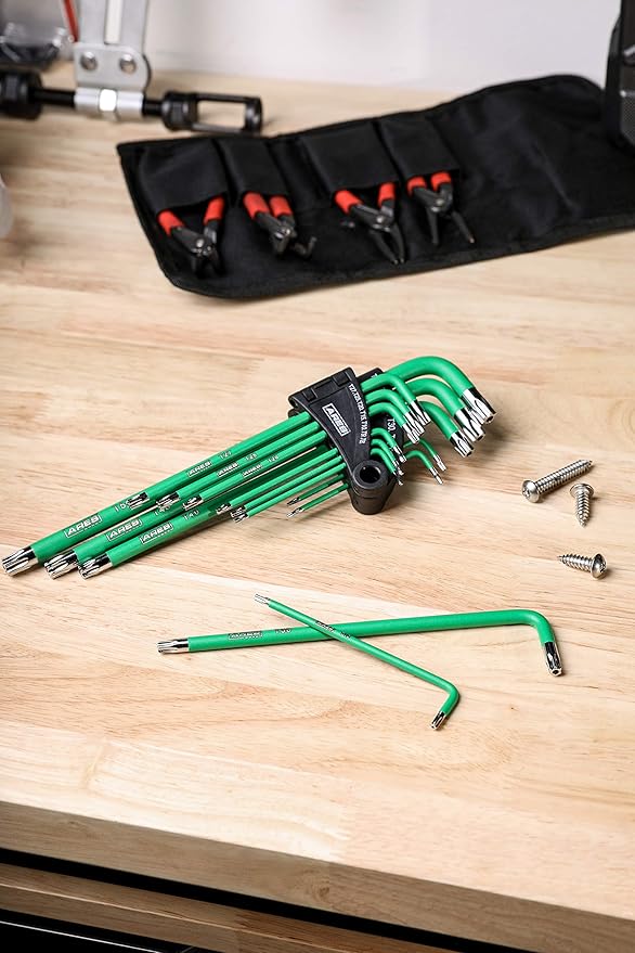 ARES 70166-13-Piece Extra Long Arm Torx Star Key Wrench Set - Chrome Finish with Green High Visibility Anti-Slip Coating - Convenient Storage Case Included