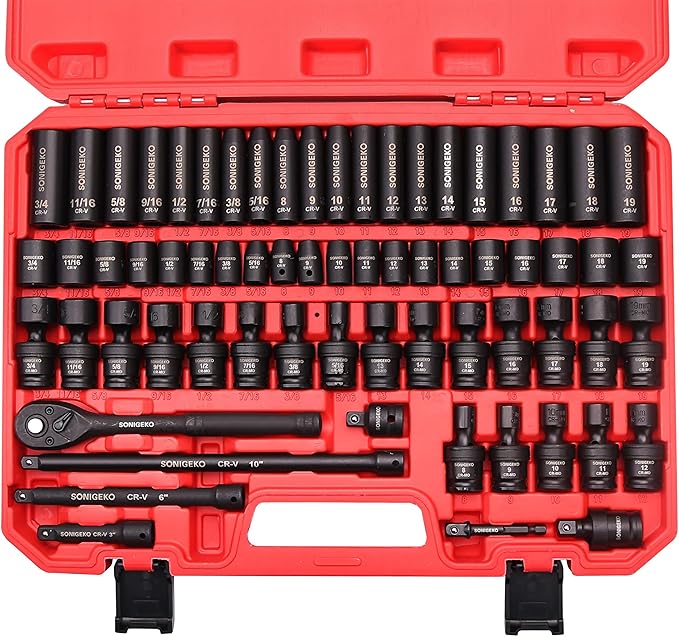 Socket Set 3/8" Impact 67-Piece Metric and Sae 6 Point CR-V Steel Sockets with extension bars, 20-piece Swivel Sockets (Metric and SAE and Swivel, 3/8" Socket set,67pcs)