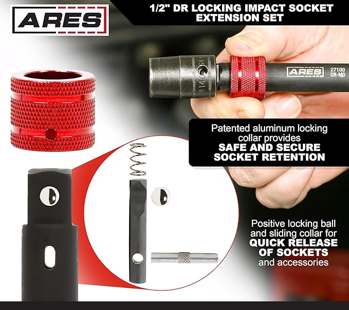 ARES 27098-3-Piece 1/2-Inch Drive Locking Impact Socket Extension Set ??Aluminum Locking Ring Collar for Quick Release of Sockets and Accessories ??3-Inch, 6-Inch, and 12-Inch Extensions