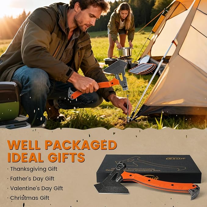 Tactical Axe with G10 Handle Camping Survival Hatchet, Multifunctional Outdoor Hiking Heavy Duty Full Tang Tomahawk Tools with Hammer, Unique Design Crowbar, Leather Sheath (Orange)