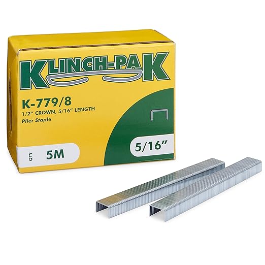 Klinch-Pak K-779/8, 5/16??Leg by 1/2" Wide Crown Heavy-Duty Galvanized Plier Staples, 5000 Per Package, for stapling Trays, Lids, Bags, Header Cards, Fastening End Caps and Container Inserts