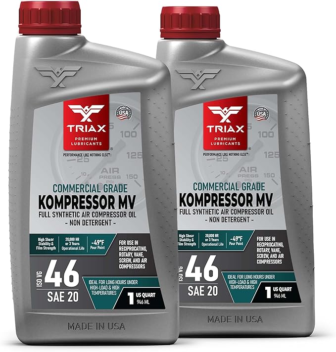 TRIAX Kompressor MV 46 / SAE 20 - Full Synthetic, Multi-Vis Air Compressor Oil - Commercial Grade - for Rotary, Vane, Screw, and Reciprocal - High Temp, 20,000 Hour Life, Non-Detergent (2 Quart Pack)