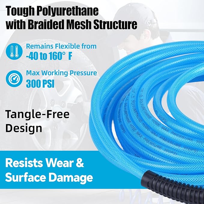 25FT 1/4 Inch Reinforced Polyurethane Air Hose for Compressor - Flexible Heavy Duty Braided Pneumatic Hose with Quick Connect Fittings 300 PSI for Garage Shop Automotive Use