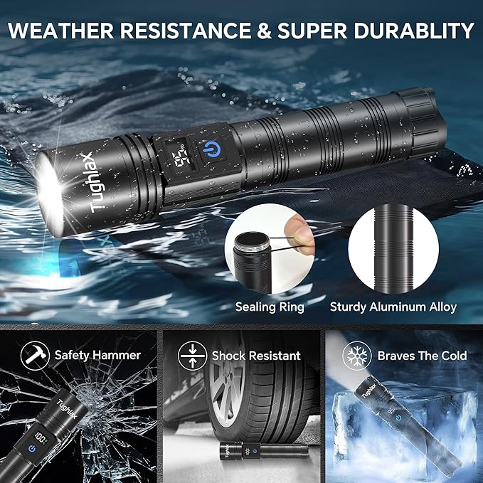 3Pack Rechargeable Flashlights High Lumens 9900LX, Super Bright Flashlight with LCD Digital Display, 5Modes Adjustable LED Flashlight Tactical Flashlights High Powered, Flash Lights for Emergency