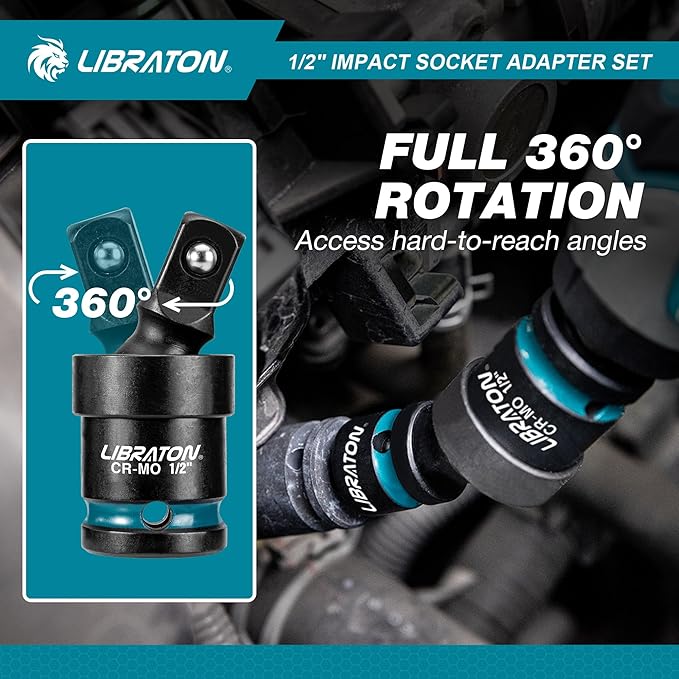 LIBRATON 1/2" Impact Socket Adapter Set 7PCS, Impact Socket Adapter Extensions 3" 6" 10", Socket Adapter Reducers, Swivel Socket, Impact to 1/4 Hex Converter, for Automotive Repair, XPE Foam