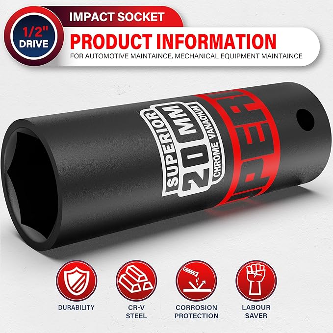 1/2" Drive Impact Socket, 20 mm Deep Socket, Metric, 6 Point, CR-V, for Automotive Maintaince, Mechanical Equipment Maintaince
