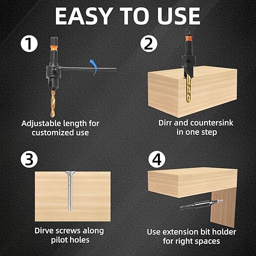 12Pcs HSS Adjustable Countersunk Drill Bits for Woodworking, Sizes #4, #6, #8, #10, #12, withMagnetic Extension Drill Bit & Storage Box, Professional Countersink Drill Bit Set