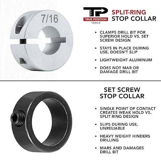 Professional Stop Collar Set - Drill Bit Depth Stop - 8 Piece Kit (1/2?? 7/16?? 3/8?? 5/16?? 1/4", 7/32?? 3/16?? 1/8?? Superior Aluminum Split Ring Design