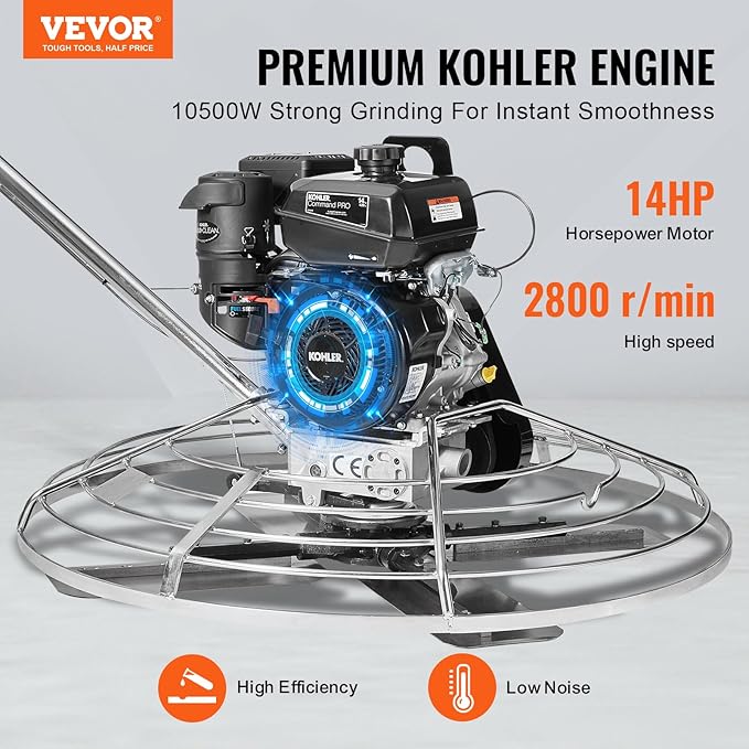 VEVOR Power Trowel, 46??Walk-Behind Cement Trowel with Float Pan, 14HP Gas-Powered Smooth Concrete Surface Finisher, Heavy Duty Commercial Screed Concrete Cement with Finishing Blade