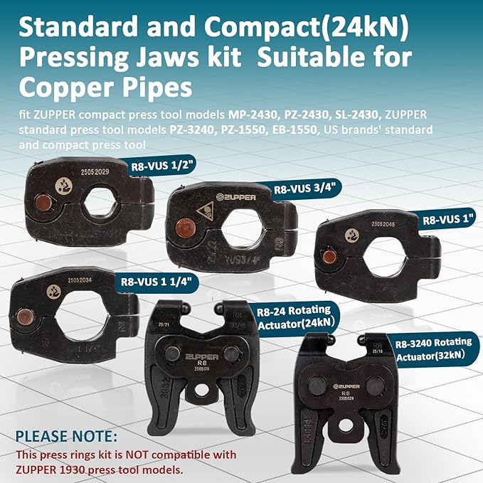 ZUPPER 4PCS Copper Press Rings 1/2" to 1-1/4", 2Pcs R8 Rotating Adaptors R8-24 and R8-3240 Suit for Narrow,Angled Installation Areas Compatible with Press Tools(24kN and 32kN)