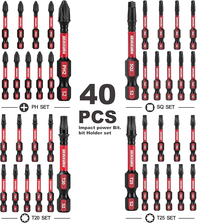 Impact Tough Phillips Square Torx 2 in. Insert Driver Bits, 40Pack Bulk T20/T25/PH2/SQ2 Screwdriver Power Bits Set