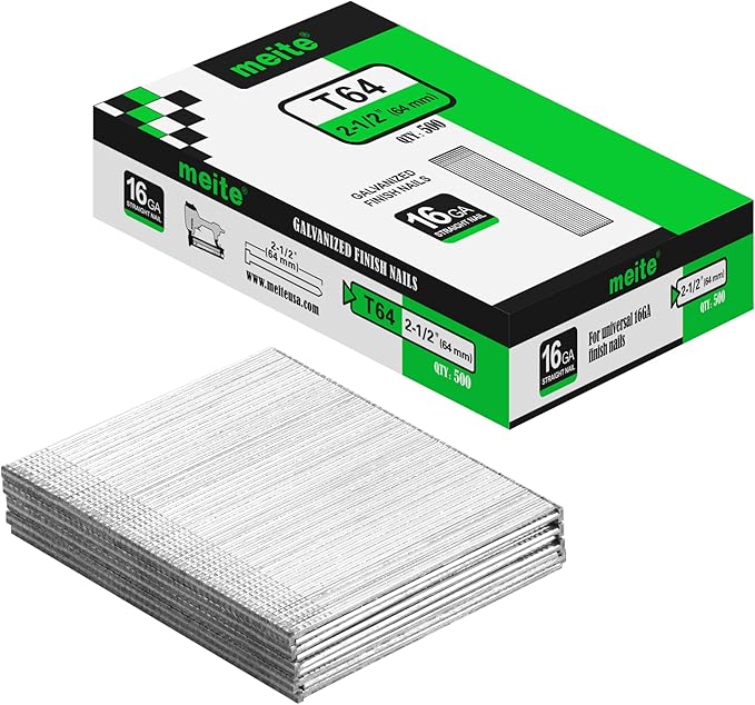 meite 16 Gauge Finish Nails, 2-1/2 Inch Galvanized 16GA Finish Nails, Small Straight Finishing Nail, Ideal for Woodworking, Upholstery, and Framing Projects (500 Counts)