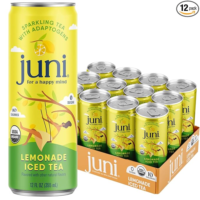 Juni Sparkling Adaptogen Drink with Ashwagandha, Lion?셲 Mane & Reishi Mushrooms, Green Tea for Focus, Zero Sugar, 10 Calories, Organic Non Alcoholic Drinks - Lemonade Iced Tea 12 pack