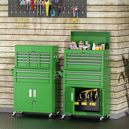 INTERGREAT Tool Chest, 8 Drawer Rolling Tool Chest with Drawers, Detachable Top Tool Box, and Locking Mechanism, Metal Tool Cart with Liner and 6 Hooks for Garage, Workshop, Green