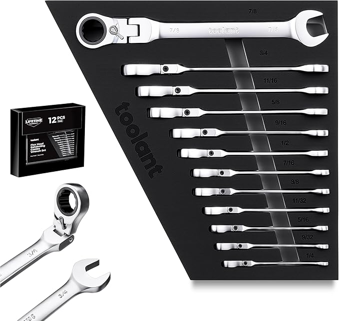 toolant 12pcs SAE Ratcheting Wrench Set, Flex-Head Ratchet Combination Wrench Sets with Switch Design, 1/4"-7/8", 90-Tooth and 4째 Swing, 12PCS with Storage Tray