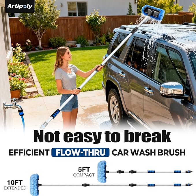 5-12 Foot (20ft Reach) Car Wash Brush with 12-Inch Soft Bristle, On/Off Switch Telescopic Car Truck Boat Washing Brush with Hose Attachment for Cleaning RVs, House Siding, Floors and More!