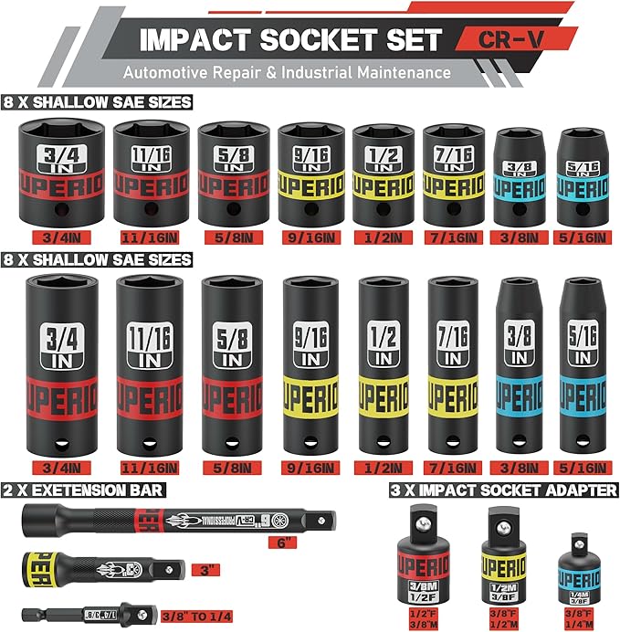 3/8" Drive Impact Socket Set, 50 Piece SAE (5/16"-3/4") and Metric (7 mm-19mm), Deep & Shallow Sockets with Extension Bars, Adapters, for Automotive Repair & Industrial Maintenance