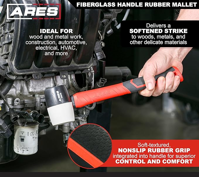 ARES 23059 – 2-Piece Fiberglass Handle Double Faced Soft Mallet Set – Rubber Mallets Deliver Softened Strikes for Delicate Materials - Woodworking, Automotive, and More
