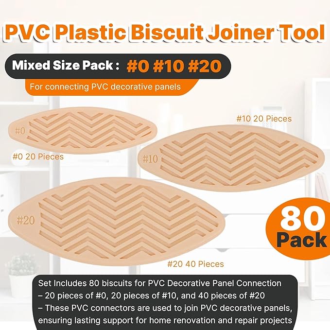 PVC Plastic Biscuit Joiner Tool 80 Pack ??Wood Color Joiner Biscuits For Connecting PVC Decorative Panels, solid wood, plywood, Biscuit Connector Set Include #0 20 PCS/#10 20 PCS/#20 40 PCS