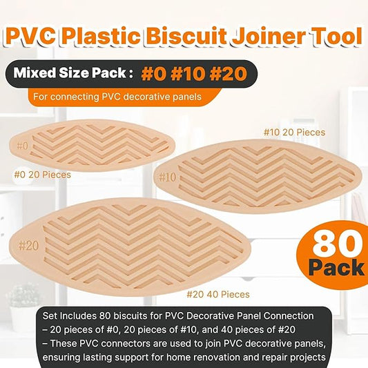PVC Plastic Biscuit Joiner Tool 80 Pack ??Wood Color Joiner Biscuits For Connecting PVC Decorative Panels, solid wood, plywood, Biscuit Connector Set Include #0 20 PCS/#10 20 PCS/#20 40 PCS