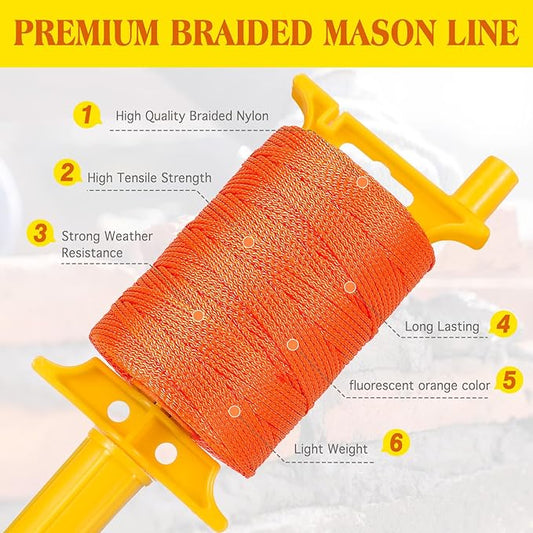 Mason Line with Handle,Twisted 540 FT #18 Braided Nylon Mason String,Construction Line,String Level Line Kit for Gardening Or Masonry Tools, Kite Twine String or DIY (Fluorescent Orange)