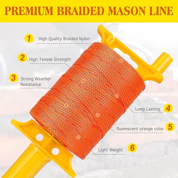 2PCS Mason Line with Handle,Twisted 540 FT #18 Braided Nylon Mason String with 10 Built-in Levels and Spool Construction Line,String Level Line Kit for Gardening Or Masonry Tools, Kite String or DIY