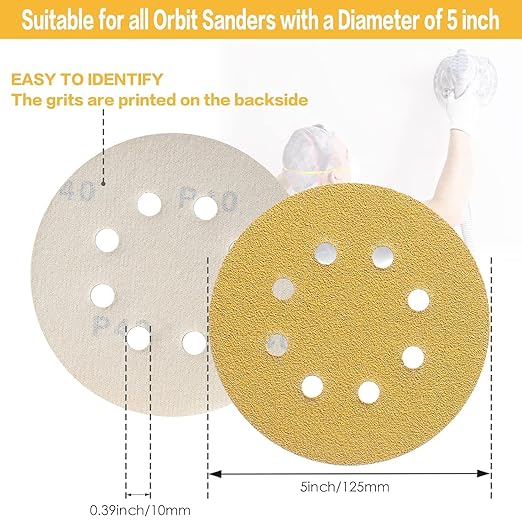 110PCS 5 Inch 8 Hole Sanding Discs,Gold Round Hook and Loop Sandpaper for Random Orbital Sander(60 80 100 120 150 180 240 320 400 600 800 Mix Grit)