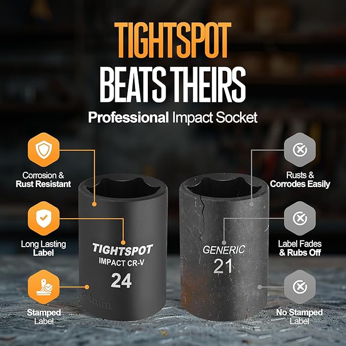 TIGHTSPOT 1/2 Inch Drive 24mm Shallow Impact Socket with Anti-Rounding 6 Point Design, Heat-Treated CRV Steel