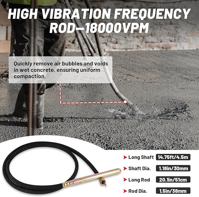 YJINGRUI Power Concrete Vibrators 1600W 16,000 RPM, Portable Electric Construction Vibrator with 4.5m (14-3/4ft) Flexible Shaft for Commercial Grade Bubble Removal