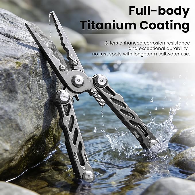 Pristis Multitool Pocket Pliers, Foldable Stainless Steel Titanium Coated Multi-Function Hook Remover, Portable Folding Professional Saltwater Split Ring Fishing Gear Kit for Outdoor Camping
