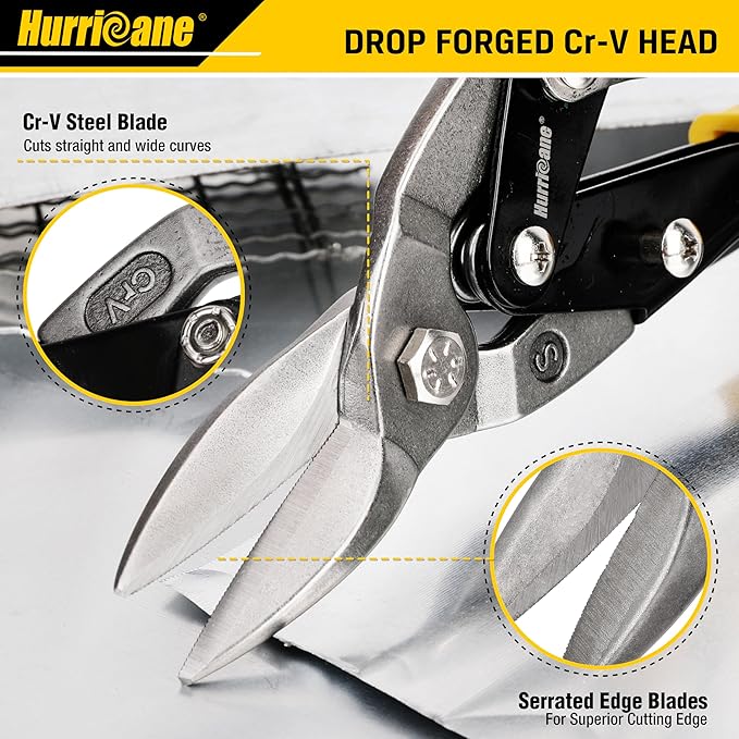 HURRICANE 10 Inch Aviation Tin Snips, Straight Cut Shears for Sheet Metal, Aluminum, Gutter & DIY Projects, Regular Straight Cutting Sheet Metal Cutter