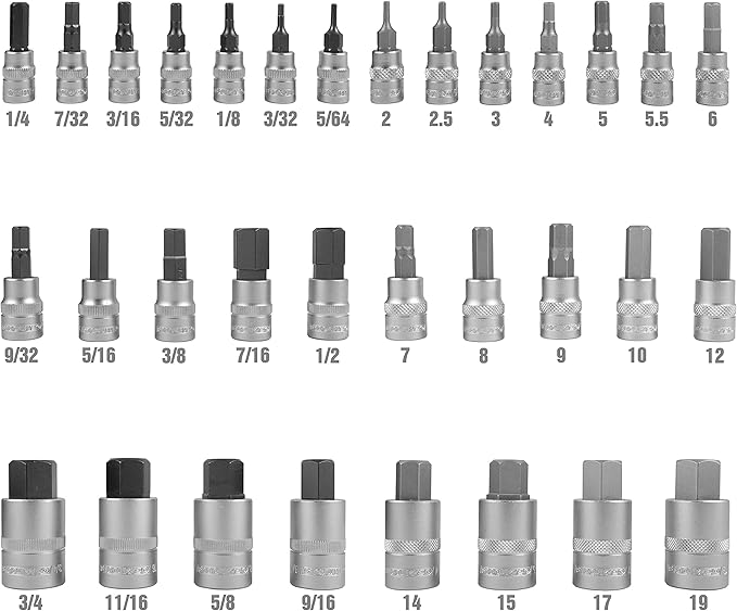 OEMTOOLS 22989 32 Piece Hex Bit Socket Set, SAE and Metric Bit Sockets, 1/2", 1/4", and 3/8" Drive Hex Bit Socket Set Metric and SAE Included