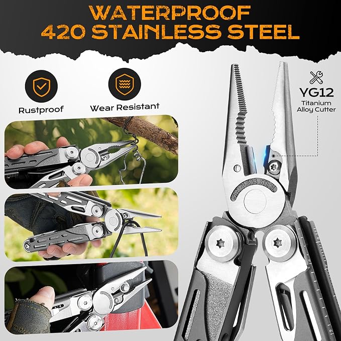 BIBURY Multitools BI2038C,19-in-1 Stainless Steel Pocket Knife with Scissors, Foldable Self-locking EDC Multi tools Pliers with Sheath for Outdoor Hunting Survival Camping Simple Repair