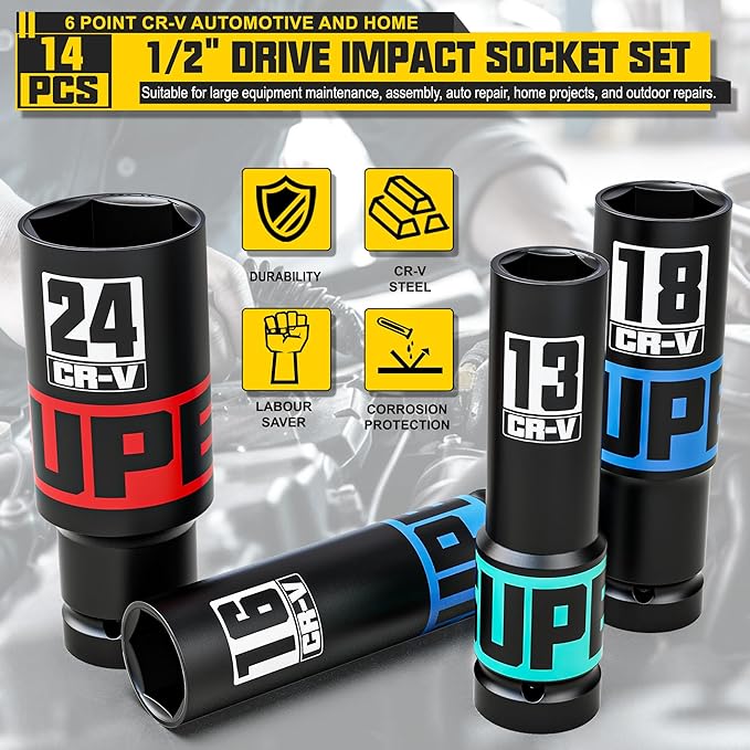 14-Piece 1/2" Drive Impact Socket Set, 10-24mm Thicker Deep Sockets with Storage Case and 1/2 to 1/4 Impact Wrench Adapter, Metric 6 Point Socket Set for Automotive and Home