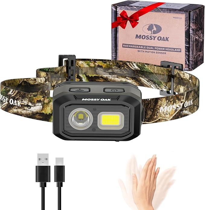 Mossy Oak 600 Lumens LED Headlamp, Dual Power Source, Motion Sensor Head Lamp with Magnetic Base, Stepless Dimming, Memory Mode for Camping, Running, Hiking, Christmas Gifts