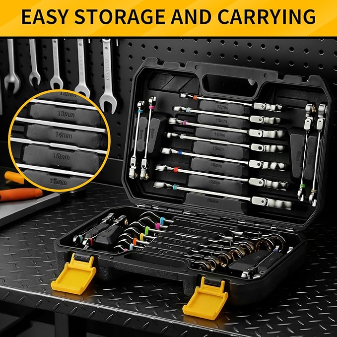 GRENPRO 23PCS Flex-Head Ratcheting Wrench Set, Combination Ratchet Wrenches Set Metric and Standard & SAE with Organizer Box, 6-18mm & 1/4" to 3/4" with Color Ring, Nickel Plating Socket Mechanic Tool