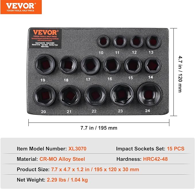 VEVOR Drive Impact Socket Set 3/8" - 15 Piece Ultra-Short Socket Set Metric 10-24mm - 6 Point Cr-Mo Alloy Steel for Auto Repair - Easy-to-Read Size Markings - Rugged Construction Socket Organizer
