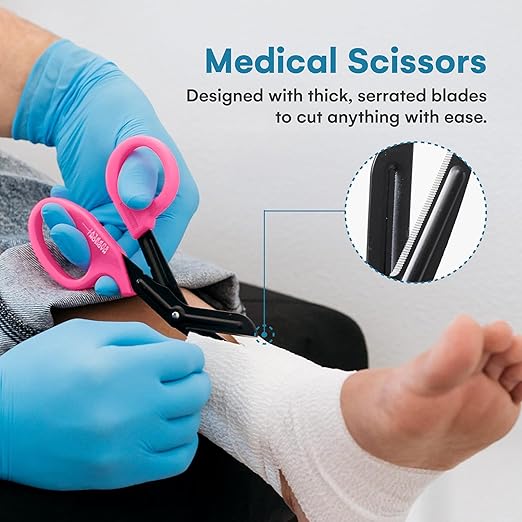 Madison Supply Trauma Shears for Nurses - Premium Stainless Steel Medical Scissors with Non-Stick Blades - 7.5" Surgical Nurse Scissors for First Aid and Emergency Use - Fluoride Coated Blades - Pink