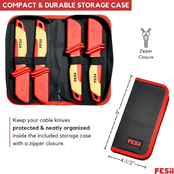 FESA Insulated Cable Knife Set - 4-Piece 1000V Insulated Electrician Knife Set for Cable & Wire Dismantling, Stripping & Skinning - With a Compact Zippered Storage Case - 1000V Insulated Tool Set