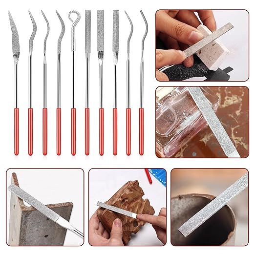 Needle Files - 10-Piece Diamond Needle File Set,Mini Metal Curved Files for Jewelry,Stone Carving, and Miniature Models (140mm / 5.5 inches)