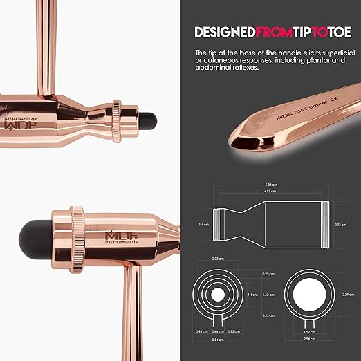 MDF Instruments, Rose Gold Tromner Neurological Reflex Hammer with Pointed Tip Handle for Cutaneous and Superficial Responses - Free-Parts-for-Life (MDF555) (Rose Gold/Black)