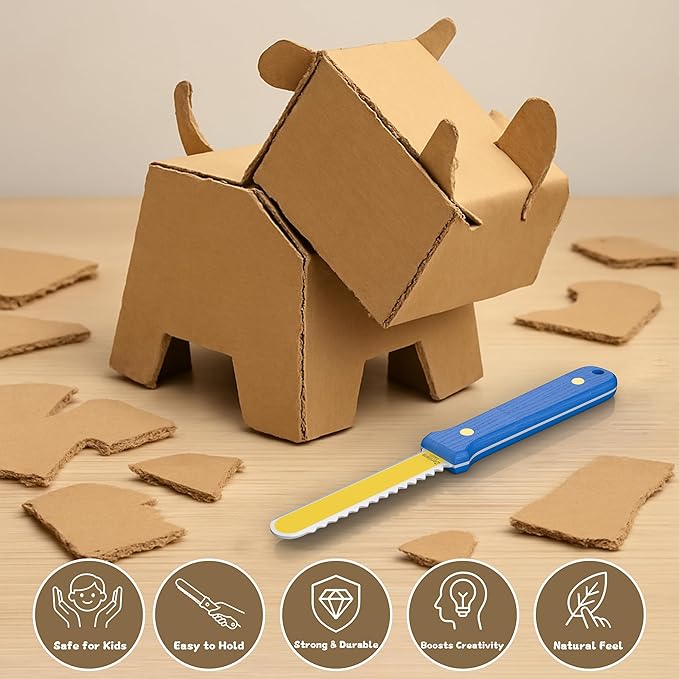 Zentara Kids Cardboard Cutter with Wooden Handle ??Safe Serrated Craft Knife with Rounded Tip, Brass Rivets & Full-Tang Steel Core ??420J2 Stainless Steel ??Ages 5+ DIY Projects